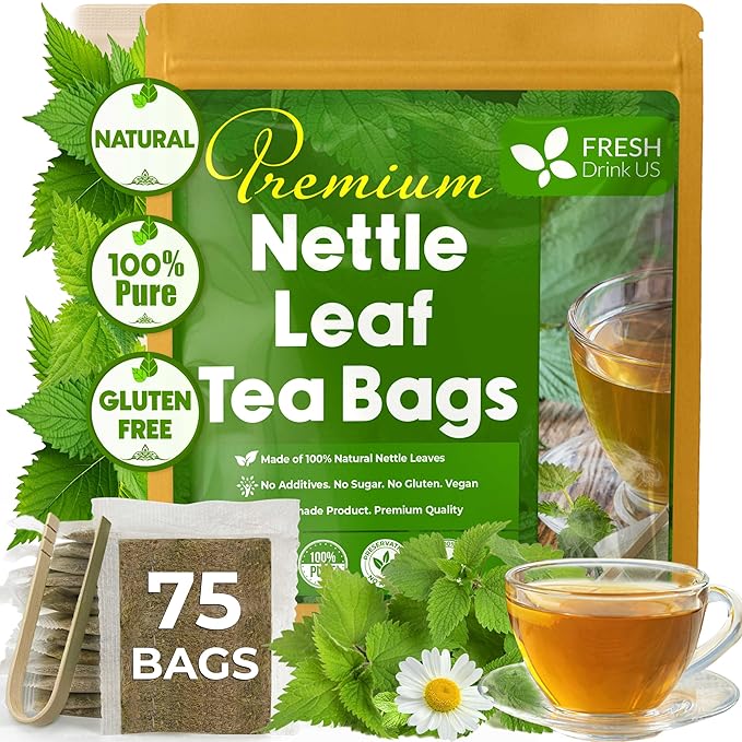FreshDrinkUS, Premium 75 Nettle Leaf Tea Bags, 100% Natural & Pure from Nettle Leaves. Loose Leaf Nettle Herbal Tea. Nettle Leaf Tea. No Sugar, No Caffeine, No Gluten, Vegan.
