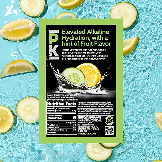 Pure Kick Alkaline pH 8.5 or Higher Cucumber Lemon Powdered Drink Mix Packets, Unsweetened with a Hint of Flavor - 72 Total Packets (12 Boxes, 6 Each), Singles to Go!