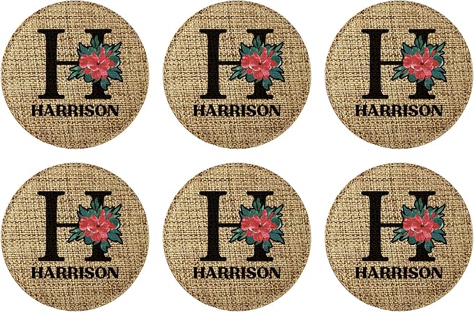 Smile Art Design Family Monogram Custom Coaster Set of 6 with Base Round Burlap Material Family Name Personalized Prints Personalized Gifts House Warming Wedding Gift Living Room Rustic Decor Style6