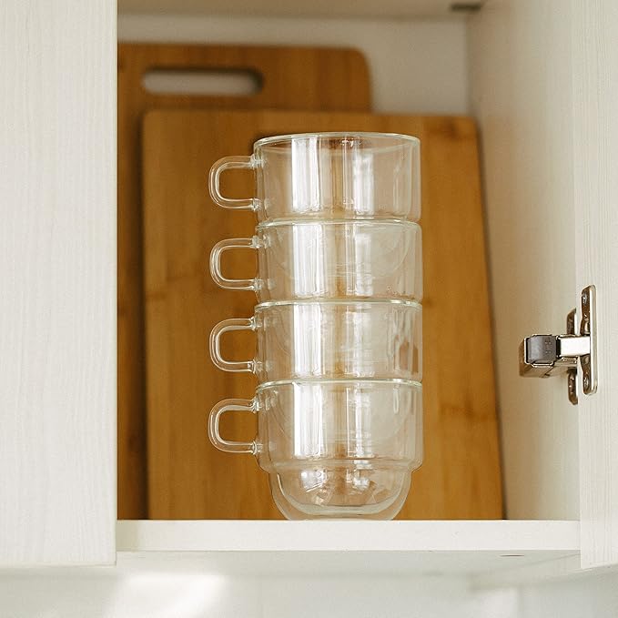 BTaT- Double Walled Stackable Glass Coffee Mugs, 8 oz, Set of 4, Glass Coffee Cups with Handle, Insulated Clear Coffee Mug for Hot and Cold Beverages, Cappuccino, Latte, Tea, Americano