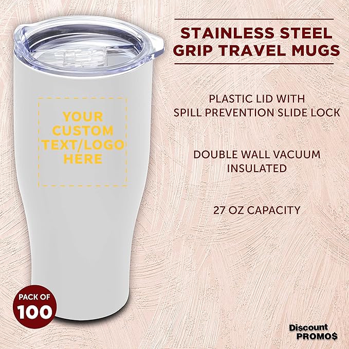 Custom Stainless Steel Grip Travel Mugs 27 oz. Set of 100, Personalized Bulk Pack - Perfect for Coffee, Soda, Other Hot & Cold Beverages - White
