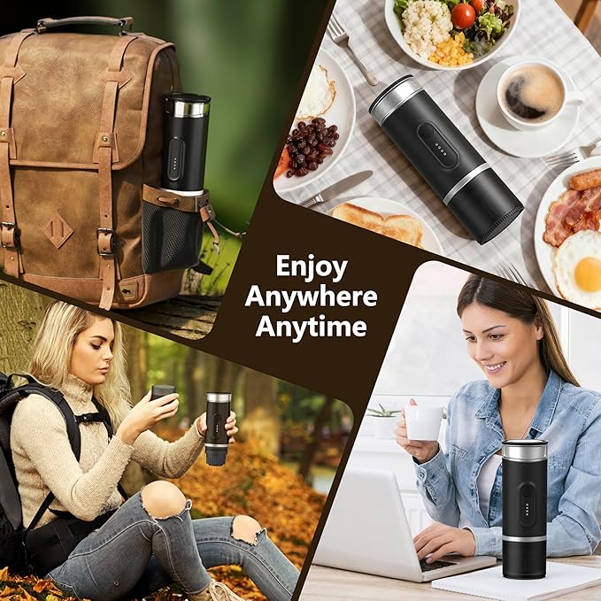 Portable Electric Espresso Machine, Self-Heating Travel Coffee Maker with USB-C, Compatible with Ground Coffee & NS Capsules, Ideal for Camping, Car, RV, Hiking & Office (Black)