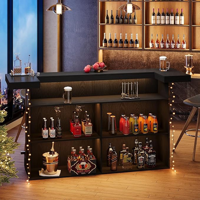 Tribesigns 4-Tier Bar Table, 70.9-Inch Large Wooden Home Bar Unit with Wine Glass Holder and Black Footrest, Pub Table with Storage Shelves for Dining Room, Living Room, Black
