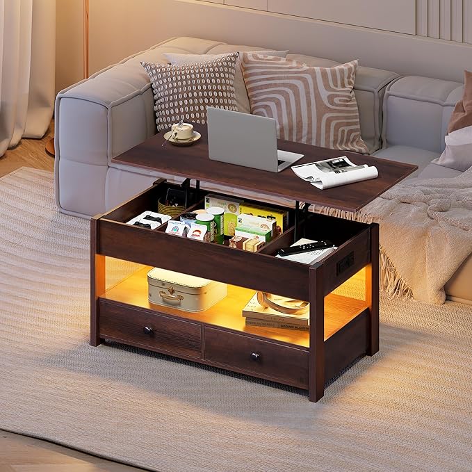 WLIVE Coffee Table, Lift Top Coffee Table with 2Drawers, LED Light, Large Storage and Open ShelfLift Tabletop for Living Room, Espresso