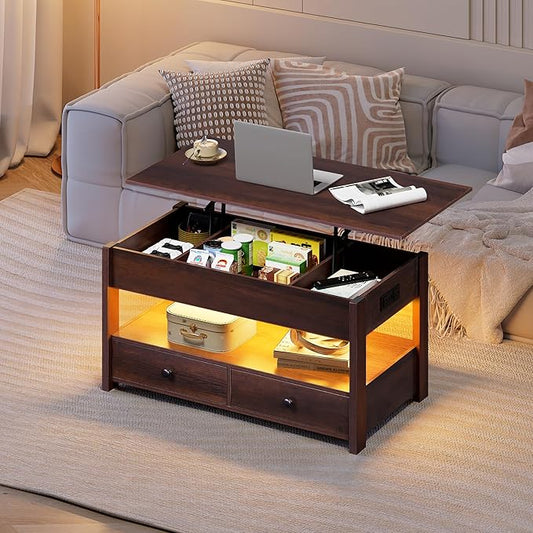 WLIVE Coffee Table, Lift Top Coffee Table with 2Drawers, LED Light, Large Storage and Open ShelfLift Tabletop for Living Room, Espresso