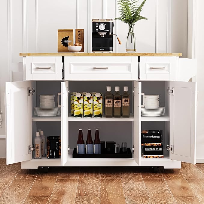 Yayzy Rolling Kitchen Island with Drop Leaf, 3 Drawers & 4 Cabinet Doors, 54” Mobile Kitchen Cart with Rubberwood Top, Side Storage Racks & Locking Wheels for Dining Room & Kitchen, White