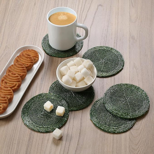 Handmade Beaded Wire Coaster Set of 6-4 Inch Round Coasters, Elegant Beautiful Stylish Decorative Drink Coasters Perfect for Home, Office, Christmas, & Everyday Use - Forest Green