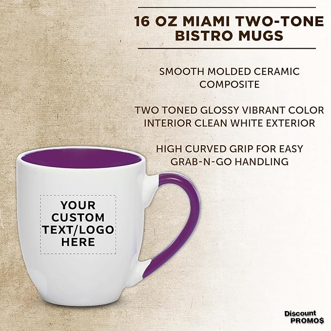 Custom Bistro Style Large Coffee Mugs 16 oz. Set of 10/50/100, Personalized Bulk Pack - Perfect for Coffee, Tea, Espresso, Hot Cocoa, Other Beverages - Purple