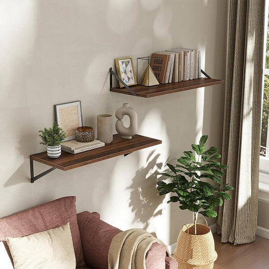 Deep Floating Shelves Wall Mounted, 30"x12" Walnut Wall Shelves with Brackets Set of 2 for Bedroom, Living Room, Bathroom, Kitchen, Office - Storage & Display Shelf for Decor, Books, Plants