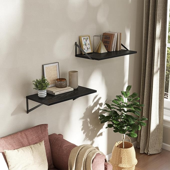 Deep Floating Shelves Wall Mounted, 24"x12" Black Wall Shelves with Brackets Set of 2 for Bedroom, Living Room, Bathroom, Kitchen, Office - Storage & Display Shelf for Decor, Books, Plants