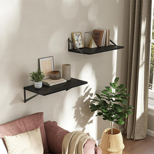 Deep Floating Shelves Wall Mounted, 24"x12" Black Wall Shelves with Brackets Set of 2 for Bedroom, Living Room, Bathroom, Kitchen, Office - Storage & Display Shelf for Decor, Books, Plants