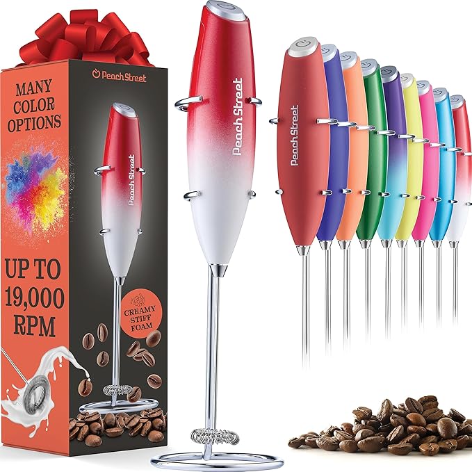 Powerful Handheld Milk Frother, Mini Milk Foamer, Battery Operated (Not included) Stainless Steel Drink Mixer with Stand for Coffee, Lattes, Cappuccino, Frappe, Matcha, and Hot Chocolate. (Red/White)