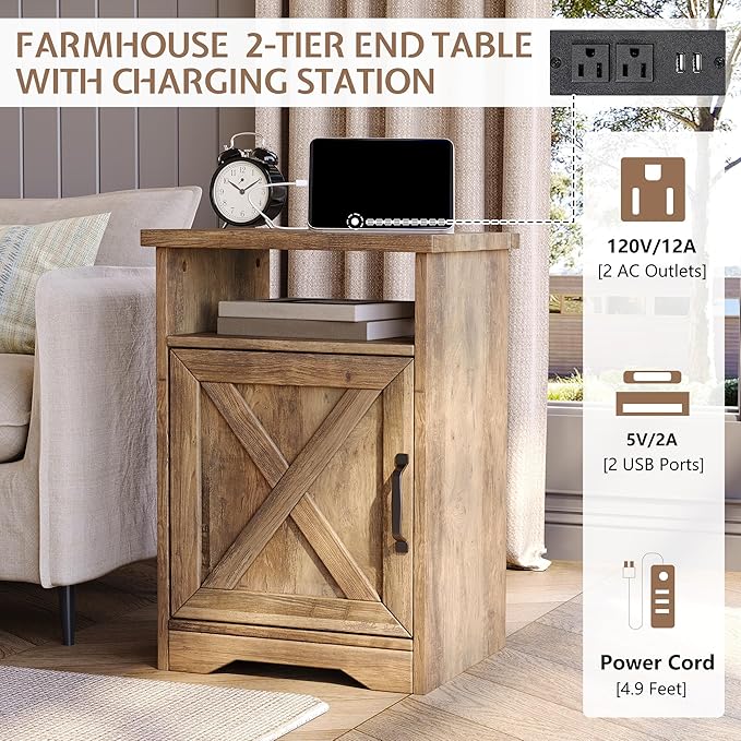 3-Piece Farmhouse Living Room Table Sets, Includes 1 x Coffee Table, 2 x End Tables with Charging Station & USB Ports, Rustic Coffee Table Set of 3, Barnwood