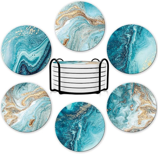 Dooke Coasters for Drinks, Round Absorbent Ceramic Stone Coasters Set of 6 with Cork Base,Funny Coaster with Holder for Cold Drinks Wine Mugs and Cups Tabletop Protection, 4 Inches,Teal Marble