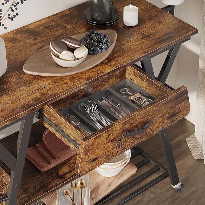 Bestier Coffee Cart Station, 48" W Coffee Bar Cart with Storage Drawer, Mobile Kitchen Island on Lockable Wheels, Coffee Bar Table with Paper & Towel Holder for Dinning Room Living Room, Rustic Brown