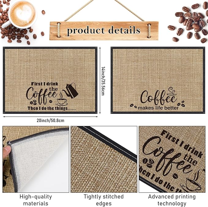 Cunhill 2 Pieces Coffee Bar Mat,Coffee Bar Accessories 20 x 14 Inch Coffee Bar Decoration Coffee Placemats for Coffee Machine, Coffee Bar, Countertops,Coffee Station Accessories(Cute Style)