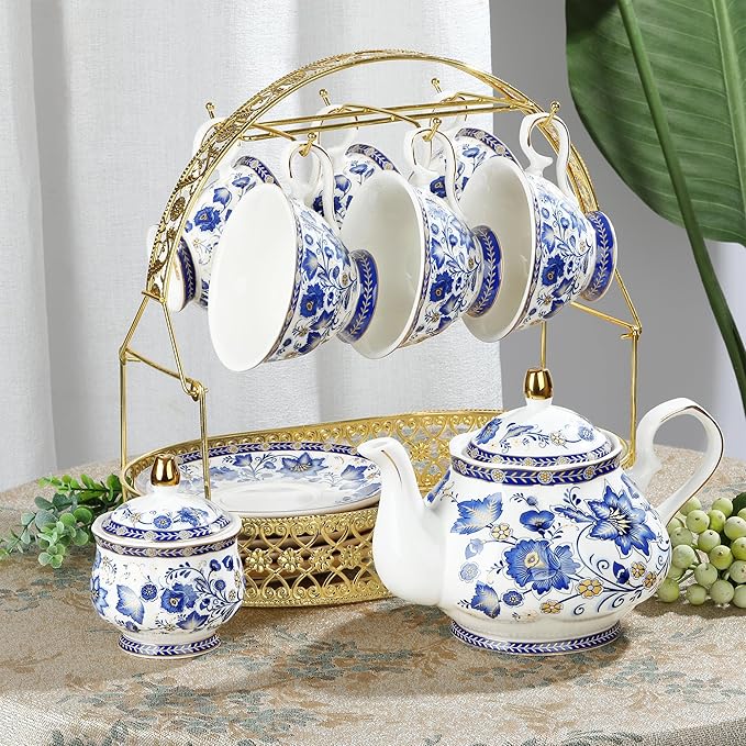 fanquare Porcelain Tea Sets,Blue British Coffee Cups& Saucer Service for 6, with Teapot,Sugar Bowl,Creamer Pitcher and Golden Metal Rack