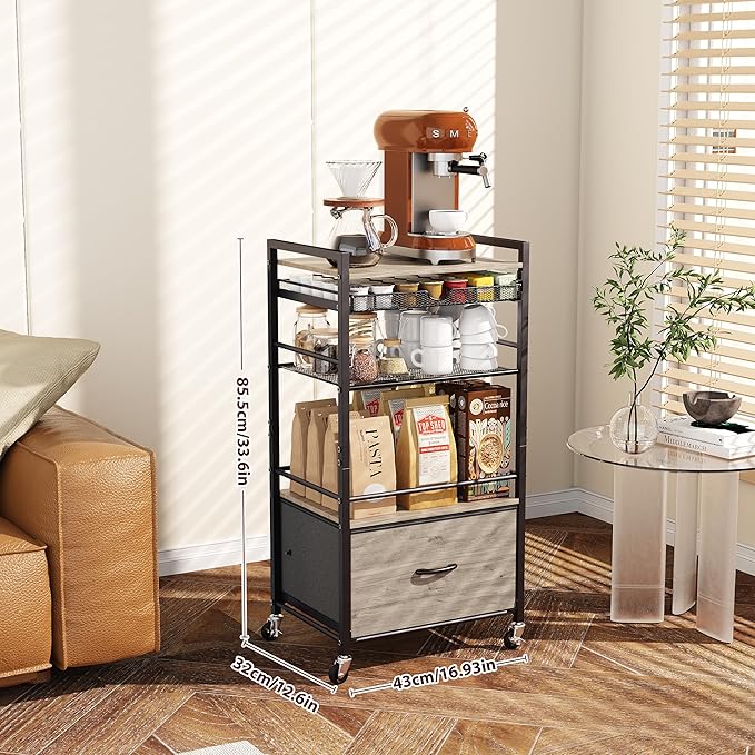 Coffee Bar Cabinet with Storage，5 Tier Coffee Station Table on Wheels, 33.6" H Cart with Drawer for Home Kitchen, Liquor Buffet Sideboard Cabinet (Black)
