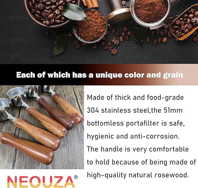 NEOUZA 51mm 2 Eears Espresso Bottomless Portafilter for Delonghi Stilosa Icona ECP31.21 ECP33.21 ECP35.31 ECP36.31, 304 Stainless Steel with Non-Pressurized Basket
