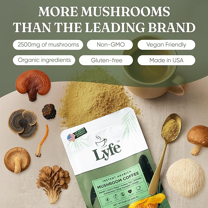 LYFE Organic Instant Mushroom Coffee, 40 Servings – Lion’s Mane, Chaga, Cordyceps & Turkey Tail | USA Grown Adaptogenic Blend for Energy, Focus & Wellness - Natural Superfood Coffee for Daily Vitality
