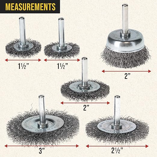Dura-Gold 6-Piece Abrasive Wire Wheel and Cup Brush Set, 1/4" Drill Shank, Carbon Steel Bristles - 1 Cup & 5 Wheel Brushes - Surface Prep Grinding, Stripping Metal, Clean Remove Rust Corrosion, Paint