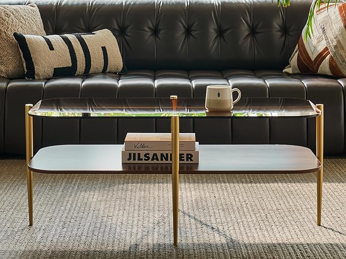 Shrine Oval Glass Coffee Table, Mid-Century Modern Design, Two-Tier Walnut MDF Rounded Corner Table, 41" D x 21" W x 17" H, Sleek Conical Metal Legs with Gold Finish