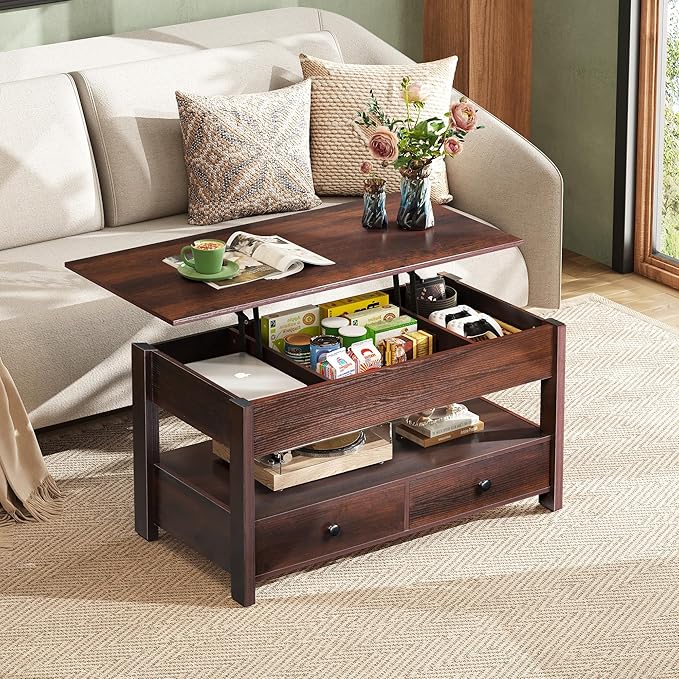 WLIVE Coffee Table, Lift Top Coffee Table with 2 Drawers, Large Storage and Open Shelf, Lift Tabletop for Living Room, Dining Table, Espresso