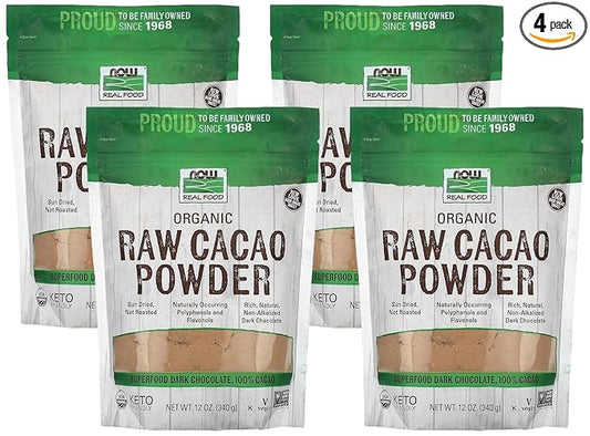 NOW Foods, Organic Raw Cacao Powder, with Polyphenols and Flavonols, Sun-Dried, Intensely Rich Flavor, 12-Ounce (Pack of 4)