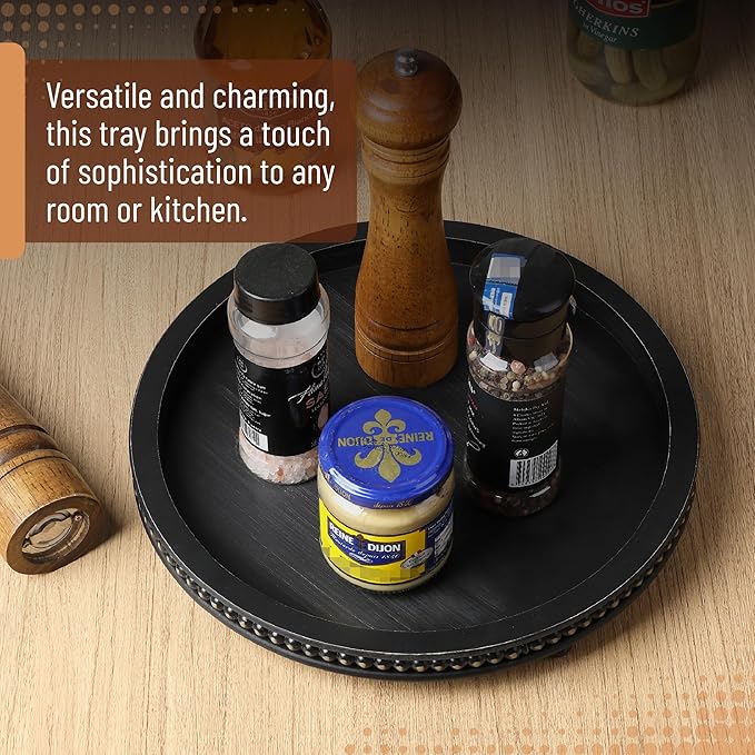 Bamboo Land- Round Decorative Trays for Coffee Table, 12", Black, Wood Tripod & Beaded Design, Wooden Round Tray for Coffee Table