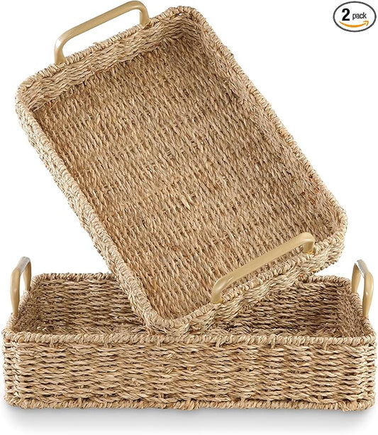 Set of 2 Rectangular Seagrass Trays with Handles - Decorative Trays for Coffee Table, Ottoman, Dining Room, Living Room