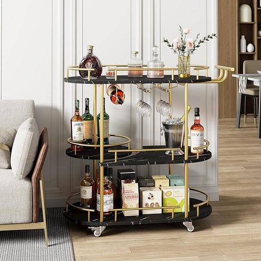 GarveeHome Gold Bar Carts with 4-Tiers Storage Shelves，Mobile Bar Seving Carts On Wheels with Wine Rack and Glass Holder for Kitchen, Dining Room, Living Room-Gold+Black