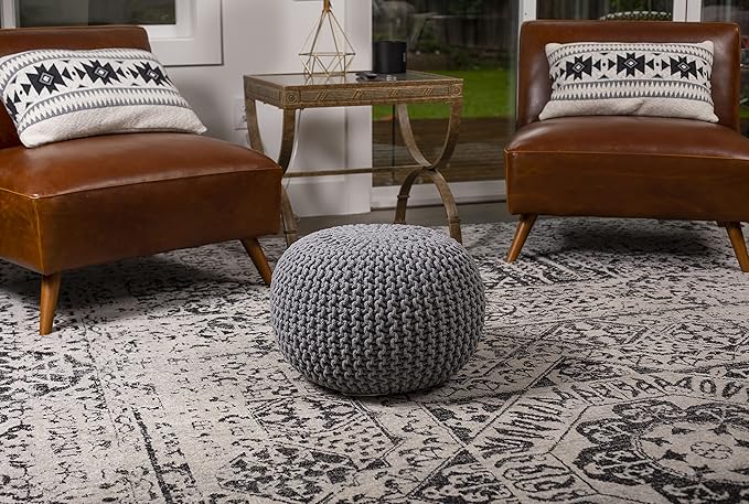 BIRDROCK HOME Round Pouf Ottoman | Cotton Braided Foot Stool with Bean Bag Filling | Boho Foot Rest for Living Room & Bedroom | Compact & Comfortable Seating, Lightweight & Soft | Light Grey