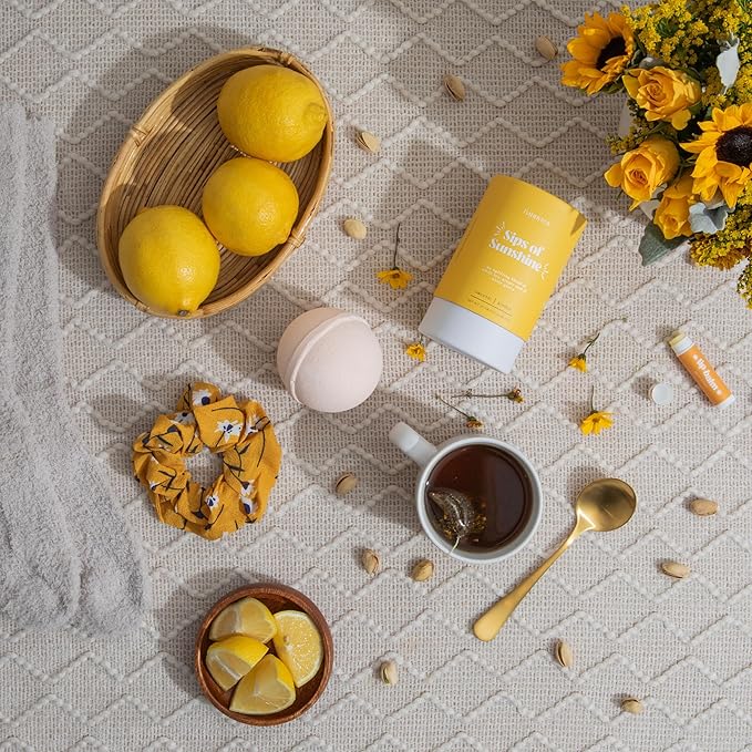 Unboxme Sunshine Spa Gift Basket for Women, Care Package with Tea, Mug, Bath Bomb, Socks, Self Care Gifts for Women, Valentine's Day, Birthday, Get Well