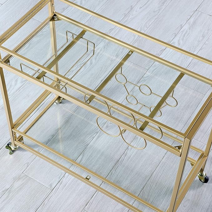 FirsTime & Co. Gold Francesca Bar Cart, 2 Tier Mobile Mini Bar, Kitchen Serving Cart and Coffee Station with Storage for Wine and Glasses, Metal and Glass, Modern