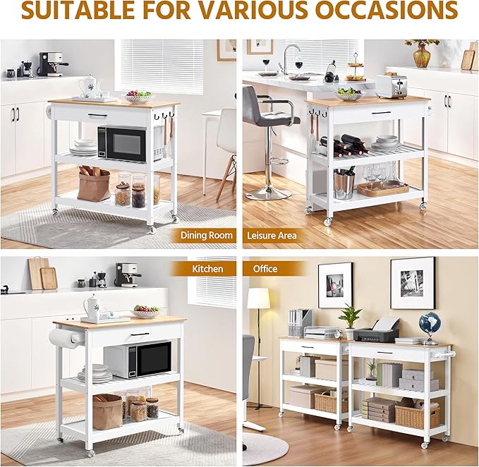 Yaheetech Kitchen Island Cart on Wheels with Bamboo Tabletop, 3-Tier Rolling Kitchen Island Microwave Cart with Drawer, Detachable Towel, 3 Hooks, 17" D x 37.5" W, White