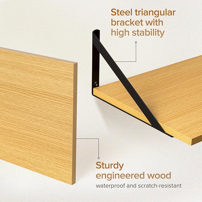 Deep Floating Shelves Wall Mounted, 30"x12" Oak Wall Shelves with Brackets Set of 2 for Bedroom, Living Room, Bathroom, Kitchen, Office - Storage & Display Shelf for Decor, Books, Plants