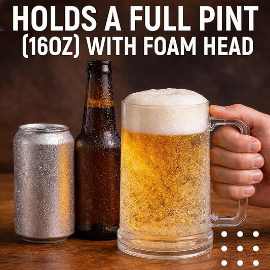 Frozen Beer Mugs (Set of 2), 16oz Double Wall Gel Freezer Cups with Handle, Acrylic Frosty Ice Stein for Cold Drinks, Break-Resistant Insulated Beer Mug for Dad, Men, Pool Parties & BBQ