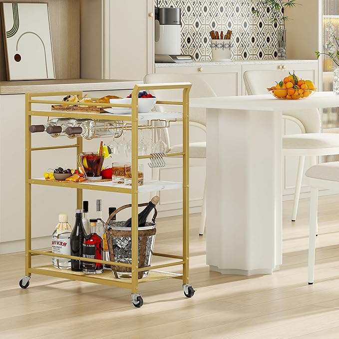 3 Tier Bar Cart Gold, Stylish Rolling Bar Cart, Gold Wine Cart with Wheels, Small Beverage cart, Metal Bar Carts Home, Liquor Cart with Glass Holders & Wine Rack for Kitchen Living Room GBC507G