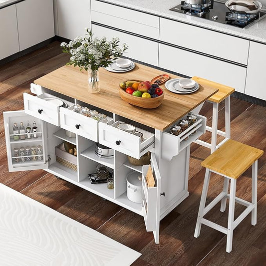 Yayzy Rolling Kitchen Island with 2 Bar Stools, Drop Leaf, Cabinet Door Storage Racks & 3 Drawers, Mobile Kitchen Cart with Rubberwood Top & Locking Wheels for Dining Room & Kitchen, 53-Inch, White