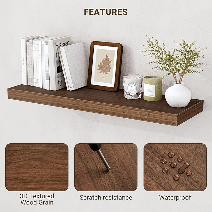40 Inch Floating Shelves, 3D Textured Wood Grain, 40"x9.25"x1.5" Inch Deep Floating Shelves for Wall, Wooden Shelves for Bathroom, Bedroom, Living Room, Walnut, 1 Piece