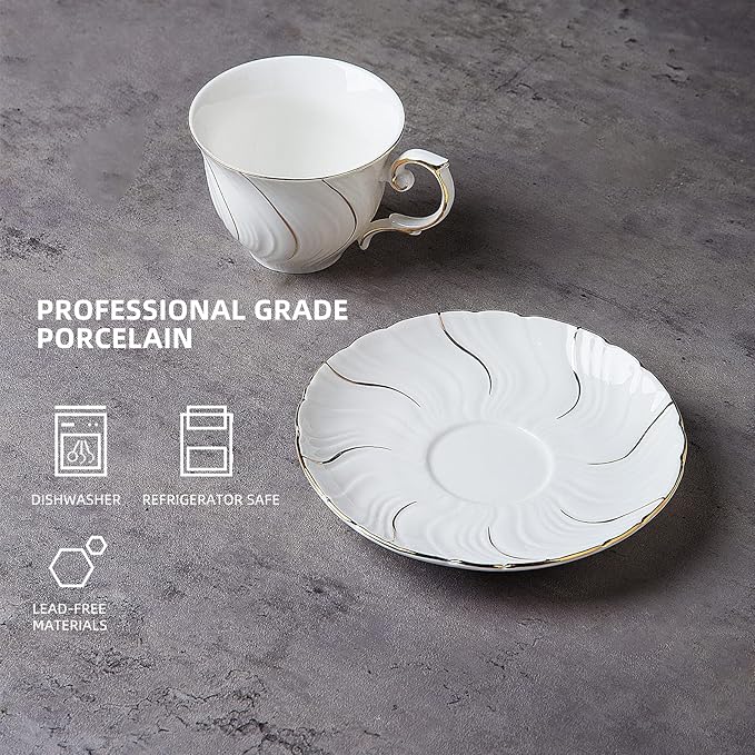 Tea Cups Set Of 6, Tea Cup And Saucer Set,6oz for Tea,Coffee, Latte, Cafe Mocha, Porcelain Tea Party Set (White with gold thread set of 6)