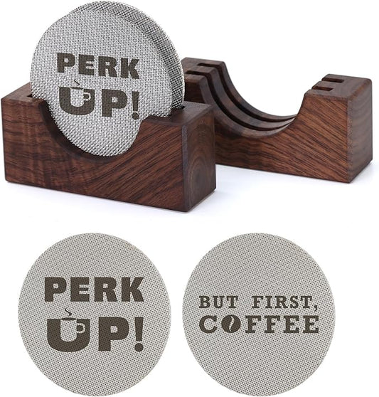 2Packs 53.3mm Espresso Puck Screen | Handmade Walnut Stand | 1.7mm Thickness 150μm 316 Stainless Steel