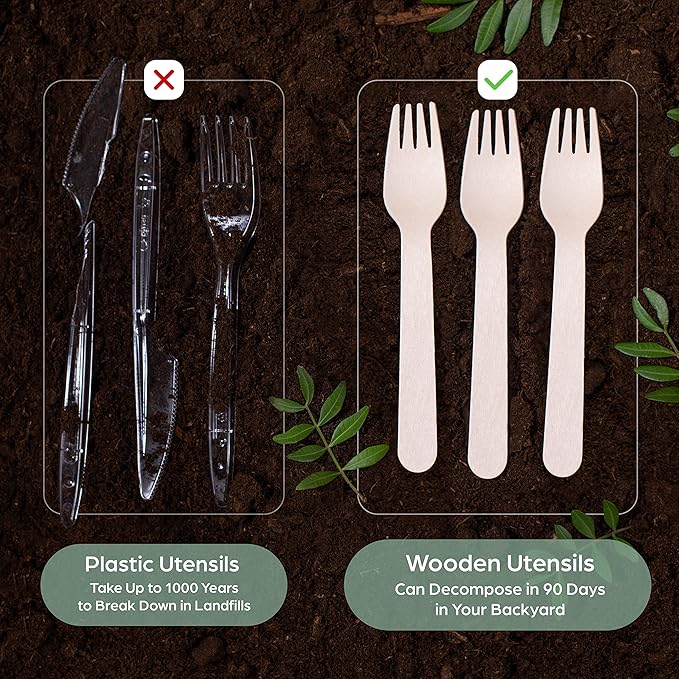 PURPLECLAY Wooden Disposable Forks (300 PCS) FSC Certified Wood Compostable Forks, Eco-Friendly Compostable Utensils for Party, Plastic-Free Wood Utensil, Bamboo Utensils Alternative, Fork for Eating