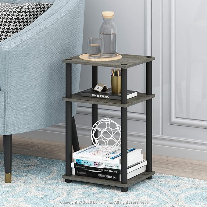 Furinno JUST Side Table Set of 2, 3-Tier End Tables, Open Shelves Night Stand, Nightstand, Toolless Assembly, for Living Room, Bedroom, French Oak