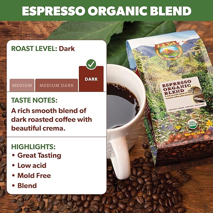 Low Acid Organic Coffee – Whole Bean, Mold-Free & Stomach Friendly by Java Planet, Espresso Blend Coffee, Dark Roast, Smooth Full Flavored, 5LB Bag