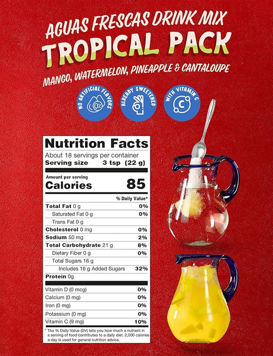 Klass Aguas Frescas Drink Mix Tropical Variety Pack - Watermelon, Cantaloupe, Mango & Pineapple - Powder Drink Mix, Water Drink Mix with Natural Flavors & Vitamin C, Makes 28 to 36 Quarts (56 to 72 Drinks)