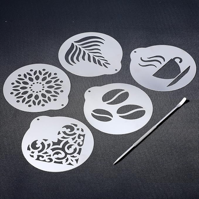 5 Pcs Latte Art Stencils,Coffee Stencils with Latte Art Pen,Lattes Stencilss with Various Patterns for Cappuccino, Hot Chocolate & Cake Decorating,Home or Cafe Use(Silver,4.53IN)