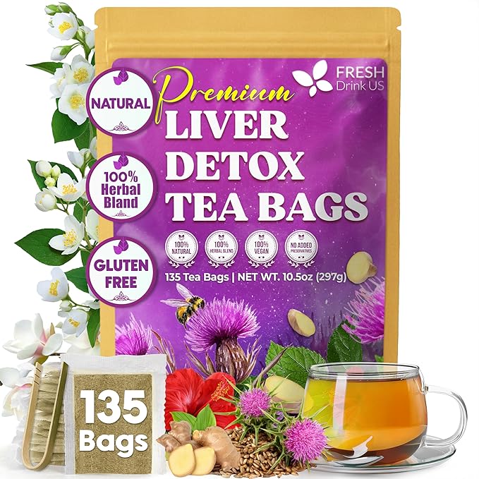 FreshDrinkUS, Premium Liver Detox Tea Bags | 135 Count | Eco-Conscious Corn Fiber Tea Bags | Ayurvedic Stomach Relief & Liver Support | Vegan, Caffeine Free, Kosher