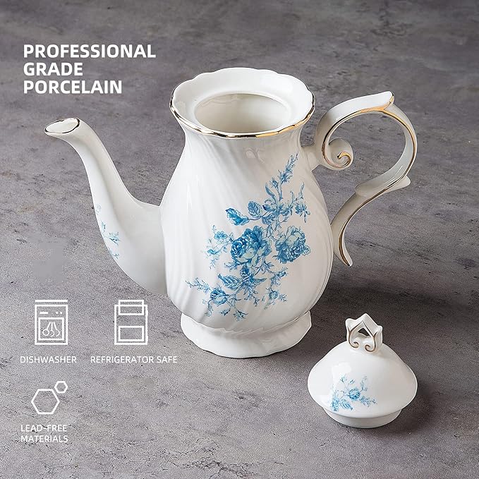 tea pot ceramic, Porcelain teapot with lid, 38.8 Oz for Tea, Milk, Coffee, Flower tea(Blue)