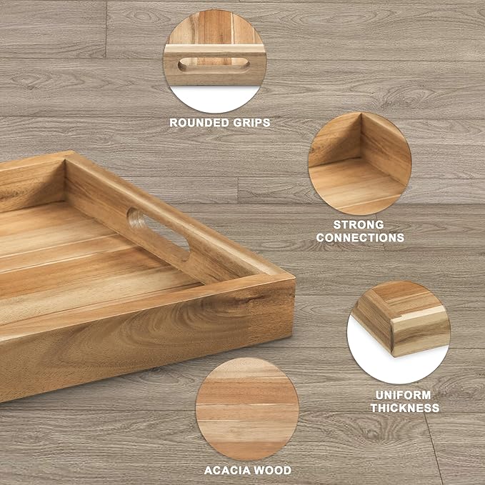 item_name: VICTORY RELAX Natural Acacia Wooden Rectangular Serving Tray with Handles, Set of 2 (15"x11" & 13.6"x 9.6"), Large Tray for Ottoman, Breakfast in Bed, Dinner, Coffee Table Decor & Kitchen